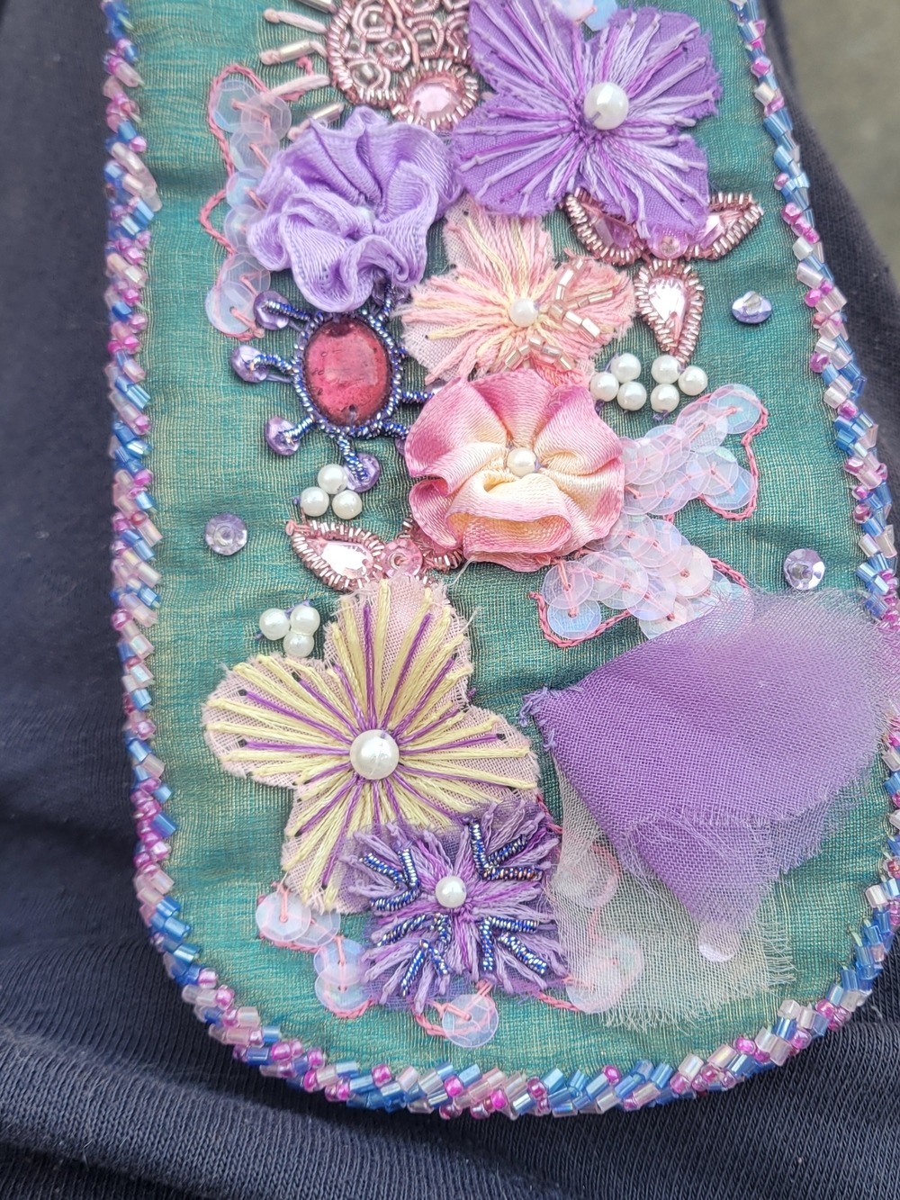 Embroidered Floral Beaded Women's Wristlet - Purple & Teal
